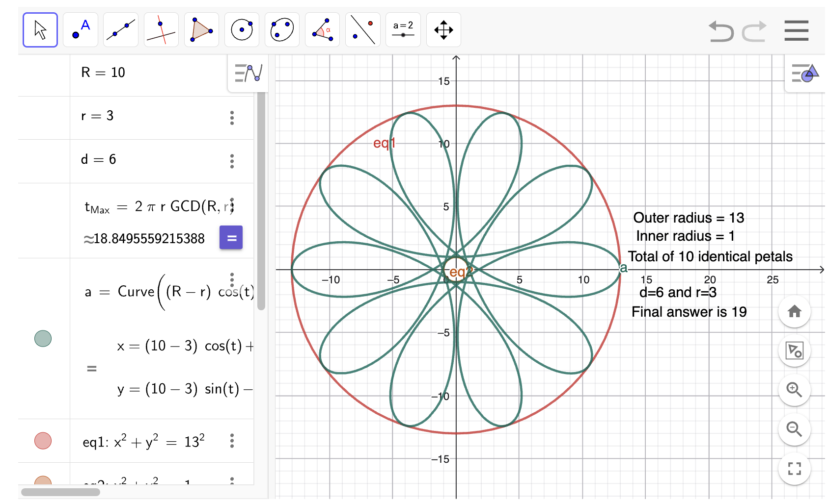 Ten-petal parametric curve inside a circular boundary with construction annotations